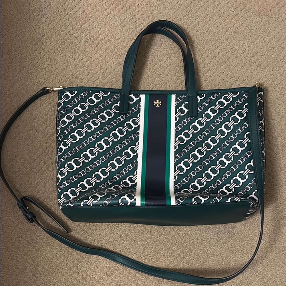 Tory Burch Green Patterned Coated Canvas Top Handle/Crossbody